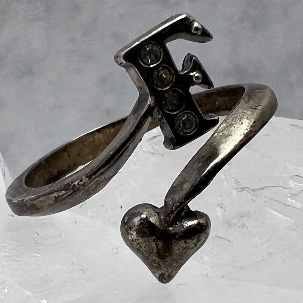 Sterling Silver‎ 925 Initial F Heart Bypass Ring Crystal Accents Size 6 Patina - Picture 2 of 6